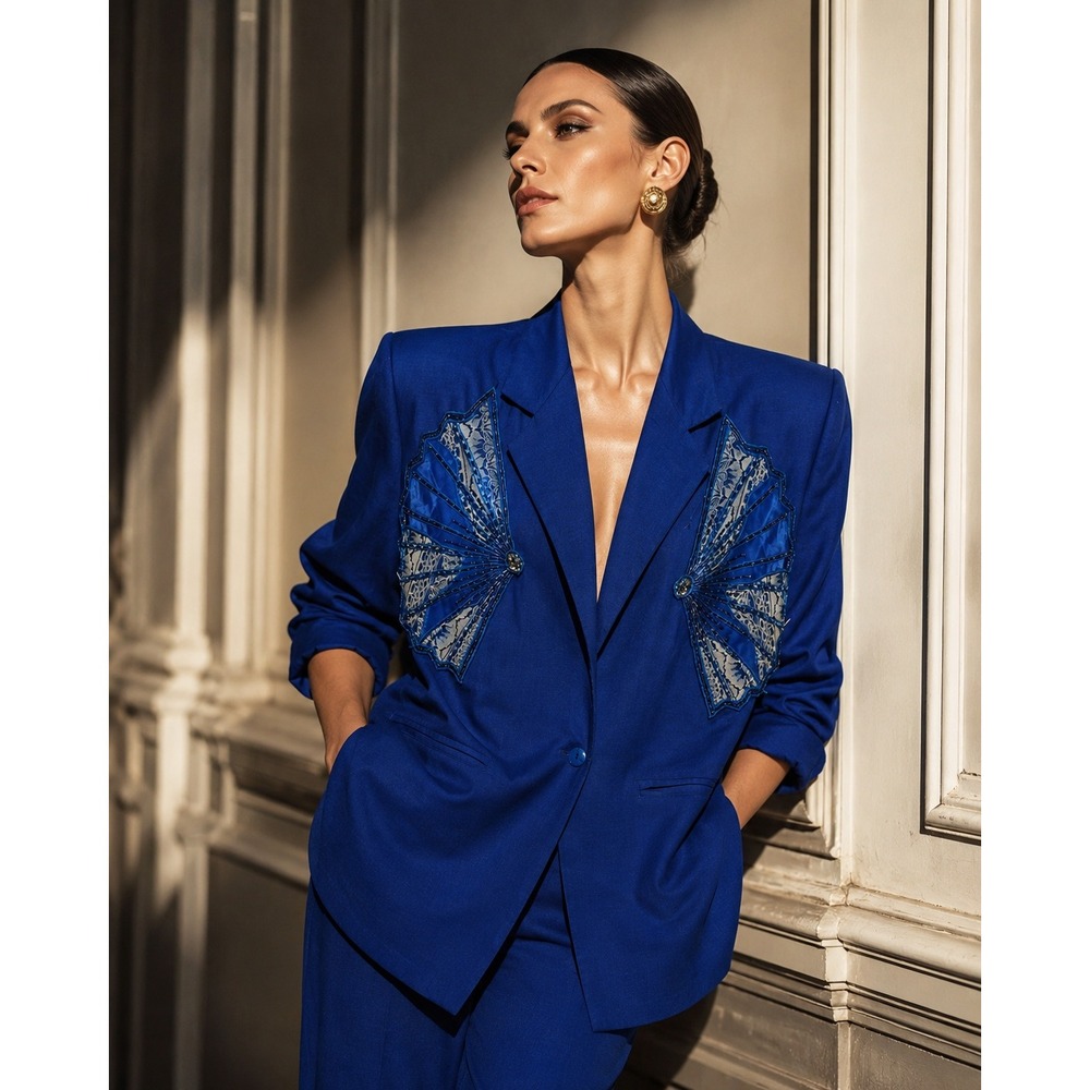 Vintage‎ 80s 90s Giulia Carla Cobalt Blue Beaded Art Blazer Jacket Maximalist